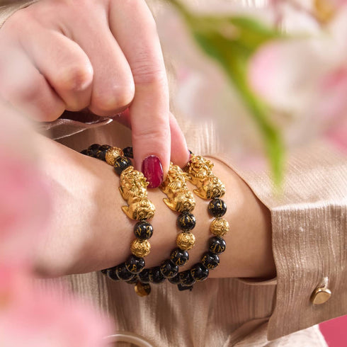 Pixiu Feng Shui Armband | Kohlenstoffelement | Schwarzer Achat x 18 Karat Gold